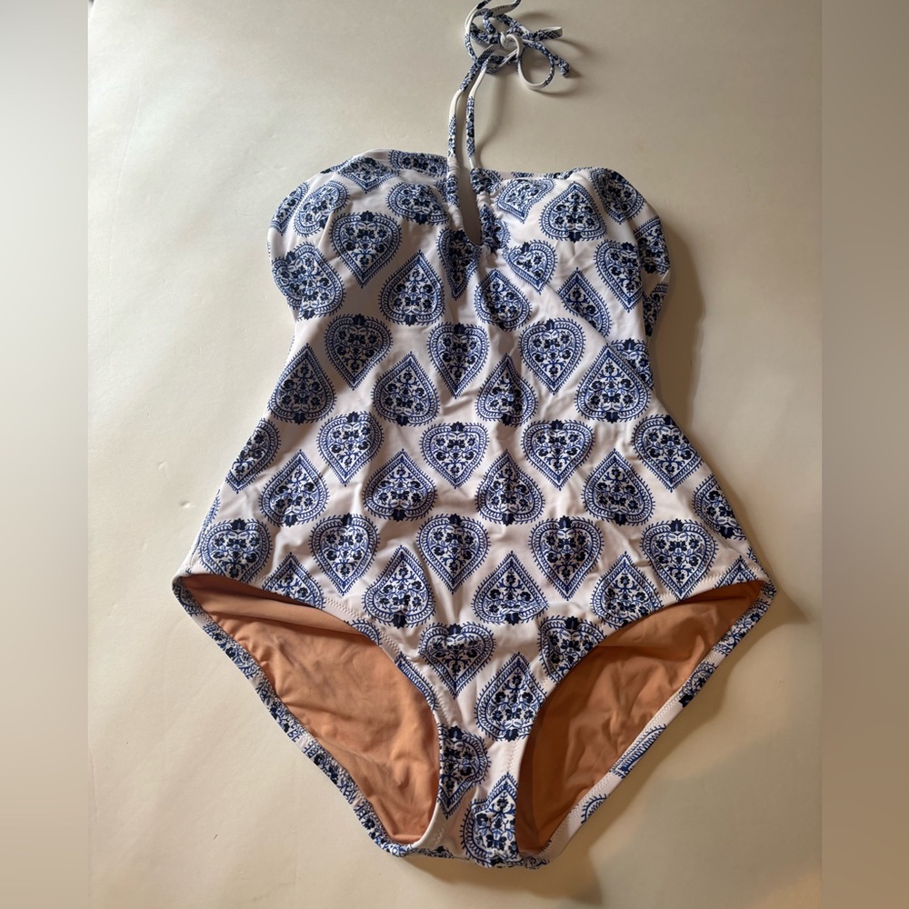 J Crew Sz L Blue and White Halter One-Piece Swimsuit